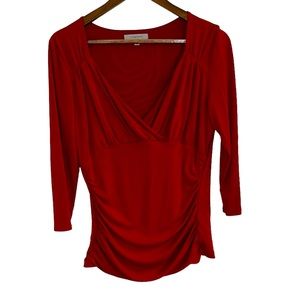 Classified Entier deep, red 3/4 sleeves V-neck ruched front top women L